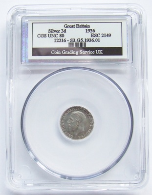1936 George V Silver 3d - CGS Unc 80